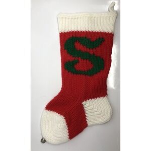 Hand Crocheted Christmas Stocking Monogram Letter "S" 11" Knit Holiday Gift Bell